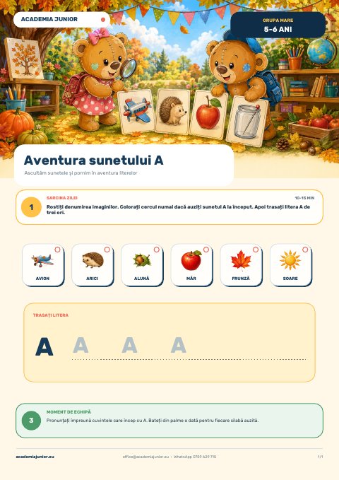 Planșa Aventura sunetului A — Grupa mare · 5–6 ani