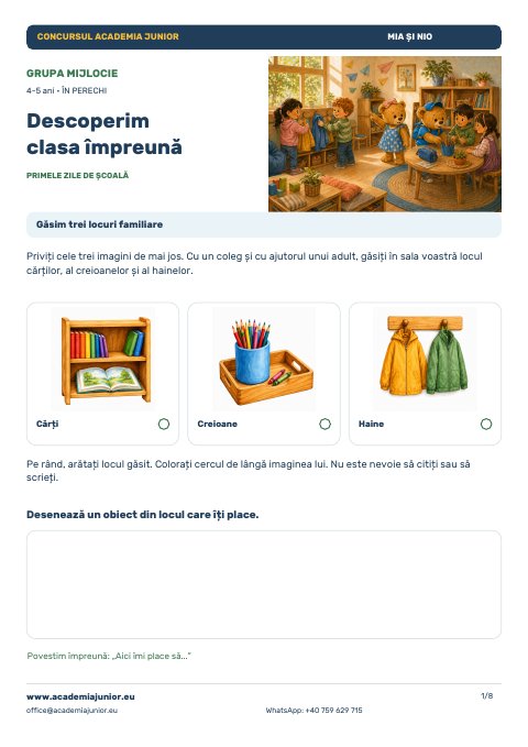 Planșa Descoperim clasa împreună — 7 niveluri · 4–11 ani