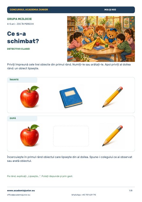 Planșa Ce s-a schimbat? Detectivii clasei — 7 niveluri · 4–11 ani