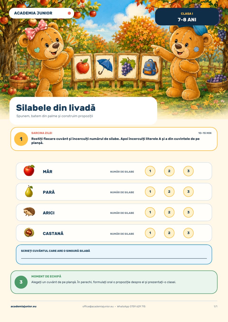 Planșa completă Silabele din livadă, Clasa I, 7–8 ani
